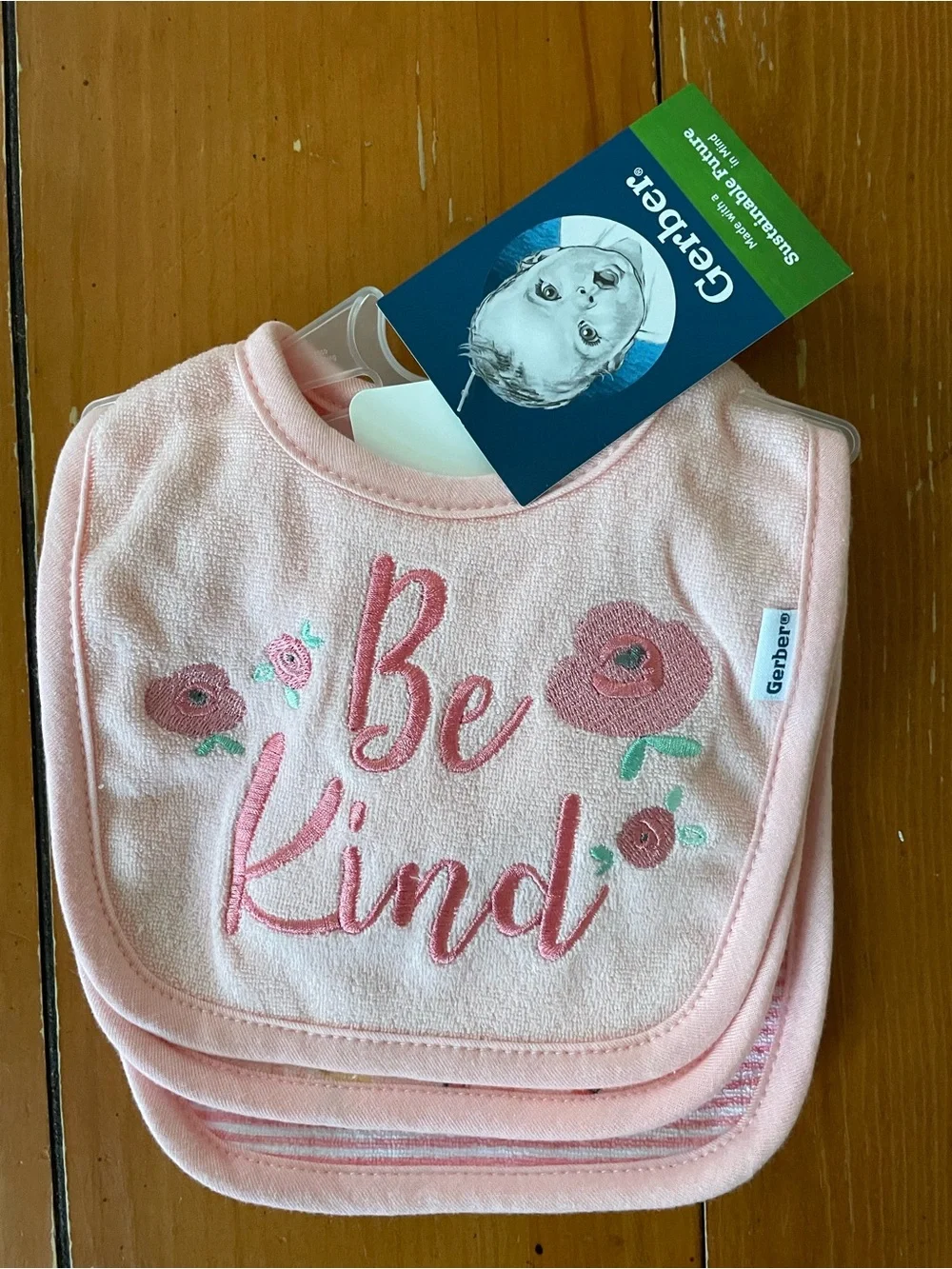 Infant Pink Bibs 0-3 Months Gerber “Be Kind” floral striped.